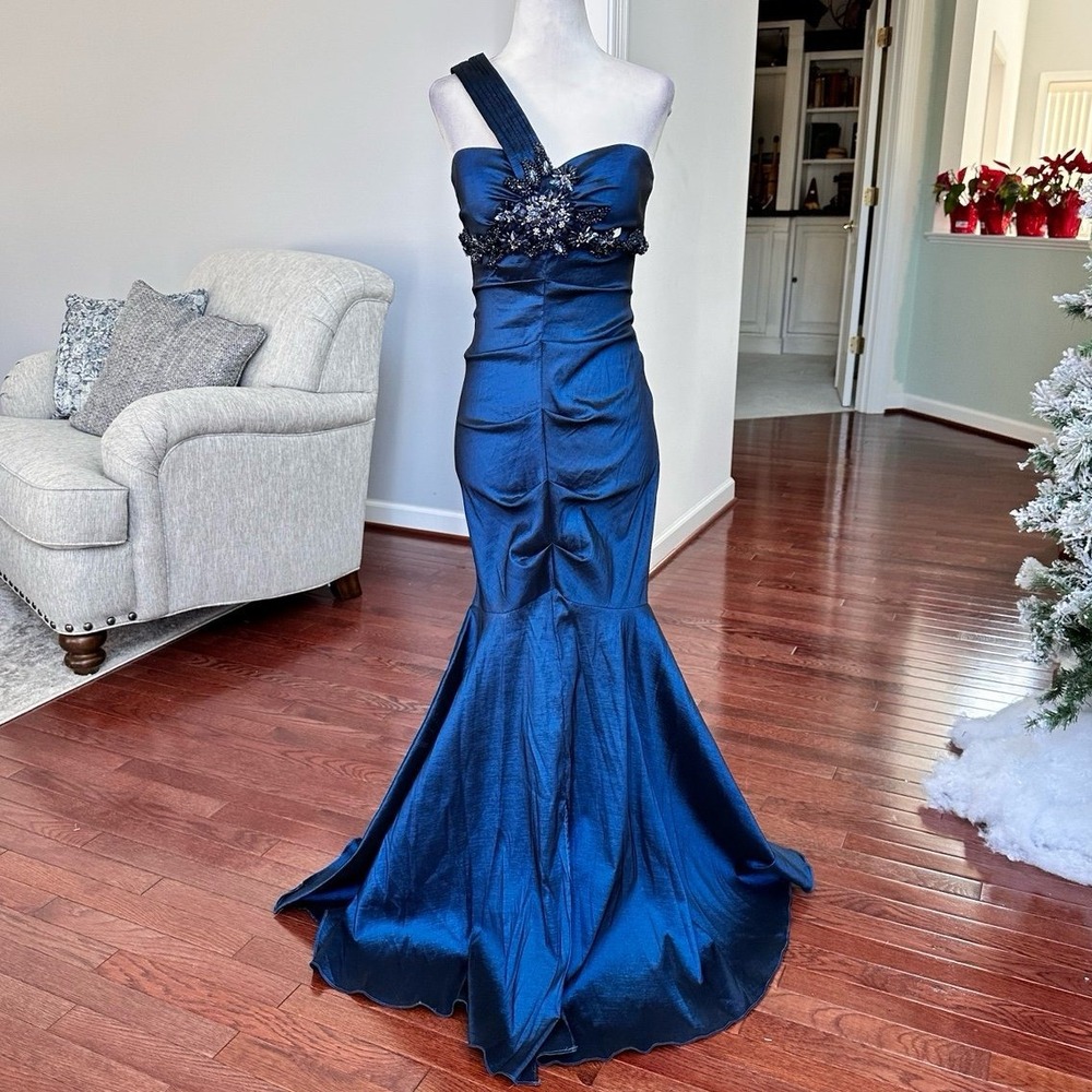 XSCAPE by Joanna Cher Blue Irridescent One Hsoulder Embellished Gown Dress